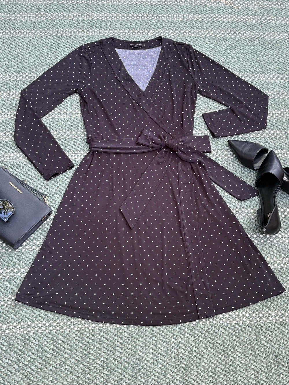 Wrap-Style Black Polka Dot Dress with Tie Waist